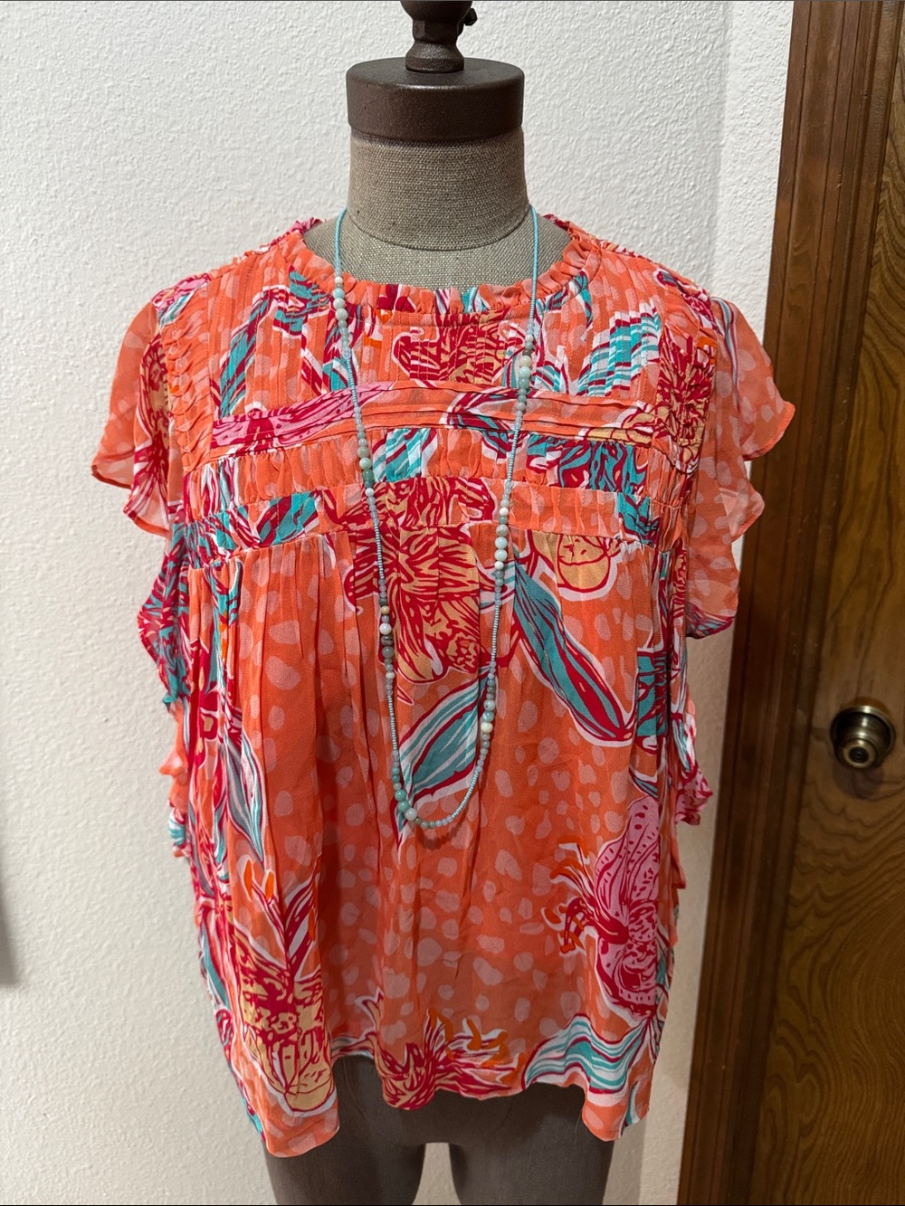 Mahila Women's Vibrant Orange Floral Flutter-Sleeve Blouse